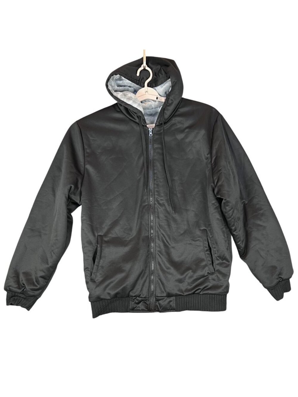 Mens L Hooded Bomber Jacket Black Lined Full Zip Winter Ribbed Hem Warm Pockets